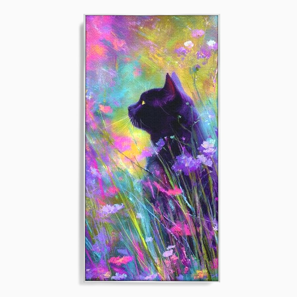 Tablou canvas cu tablou canvas cu pisica neagra si flori colorate, in rama de aluminiu argintiu