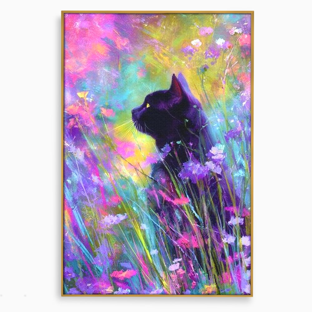 Tablou canvas cu tablou canvas cu pisica neagra si flori colorate, in rama de aluminiu auriu