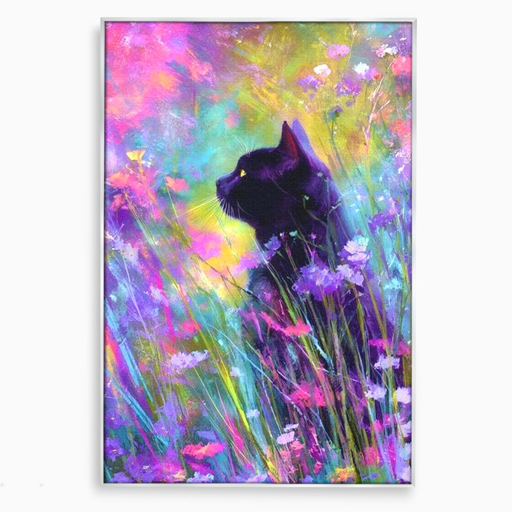 Tablou canvas cu tablou canvas cu pisica neagra si flori colorate, in rama de aluminiu argintiu