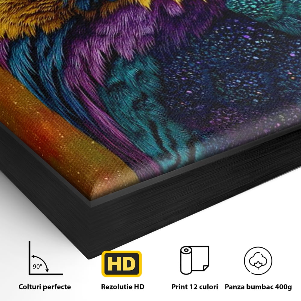 Detaliu al suprafetei: tablou canvas cu bufnita colorata, in rama de aluminiu negru