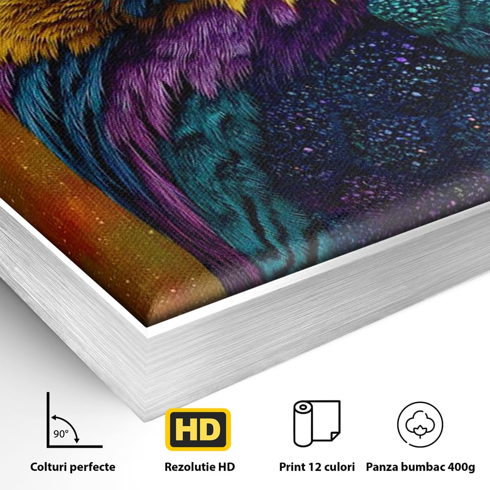 Detaliu al suprafetei: tablou canvas cu bufnita colorata, in rama de aluminiu argintiu