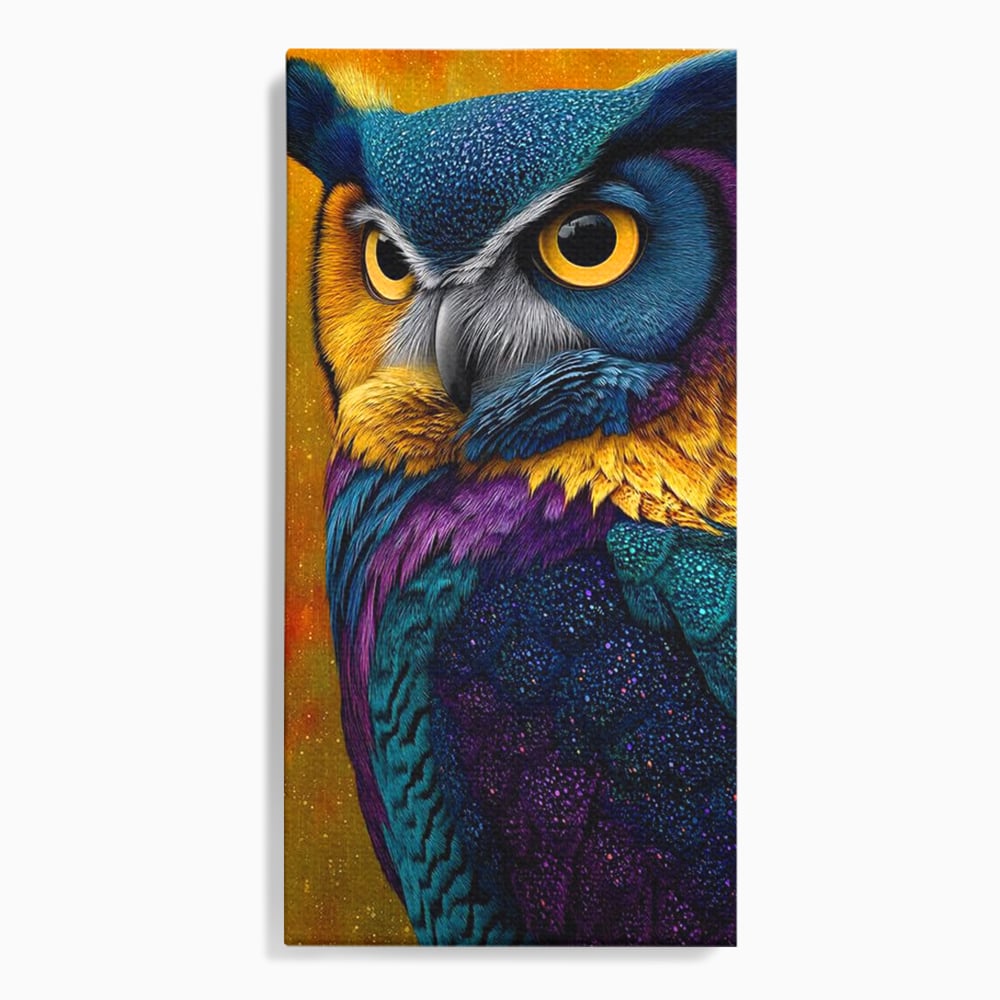 Tablou canvas cu tablou canvas cu bufnita colorata, fara rama, pe sasiu de lemn