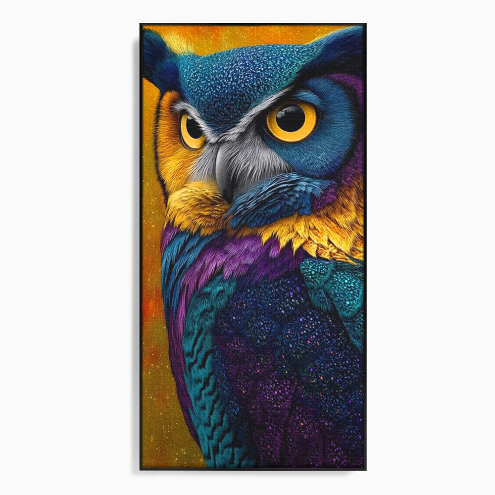 Tablou canvas cu tablou canvas cu bufnita colorata, in rama de aluminiu negru