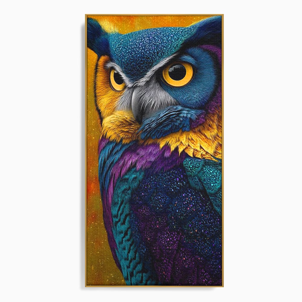 Tablou canvas cu tablou canvas cu bufnita colorata, in rama de aluminiu auriu