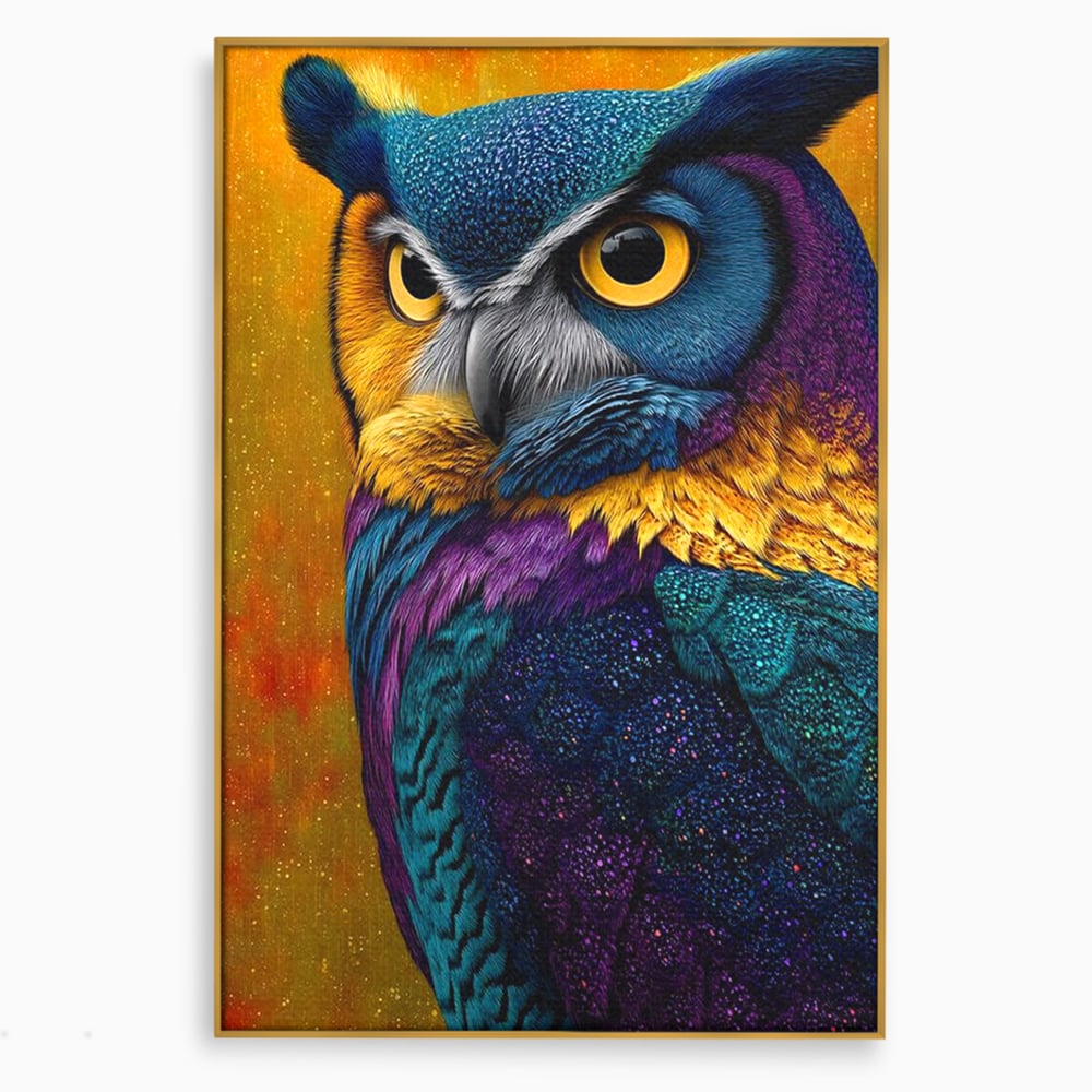 Tablou canvas cu tablou canvas cu bufnita colorata, in rama de aluminiu auriu