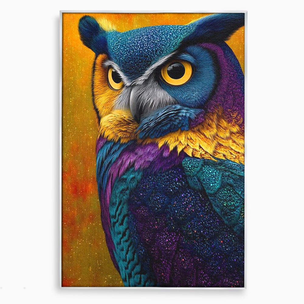 Tablou canvas cu tablou canvas cu bufnita colorata, in rama de aluminiu argintiu
