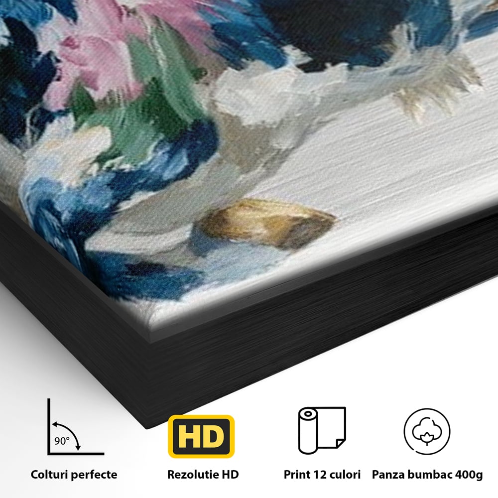 Detaliu al suprafetei: tablou canvas pictura taur in miscare, in rama de aluminiu negru