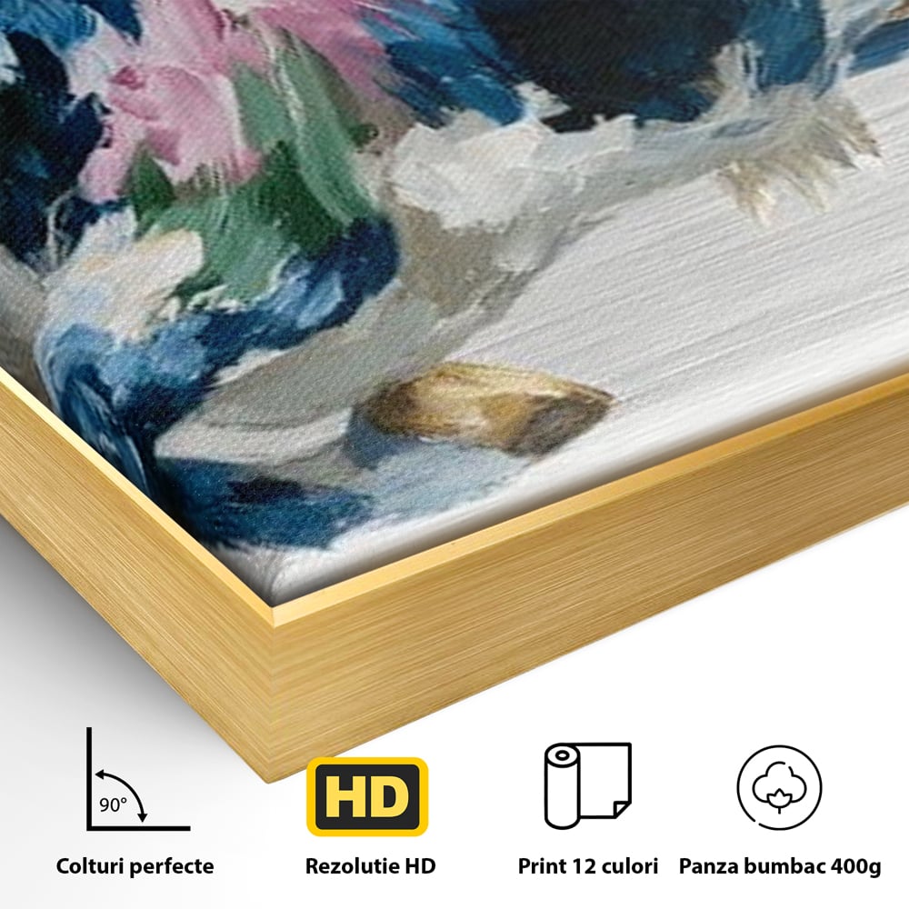 Detaliu al suprafetei: tablou canvas pictura taur in miscare, in rama de aluminiu auriu