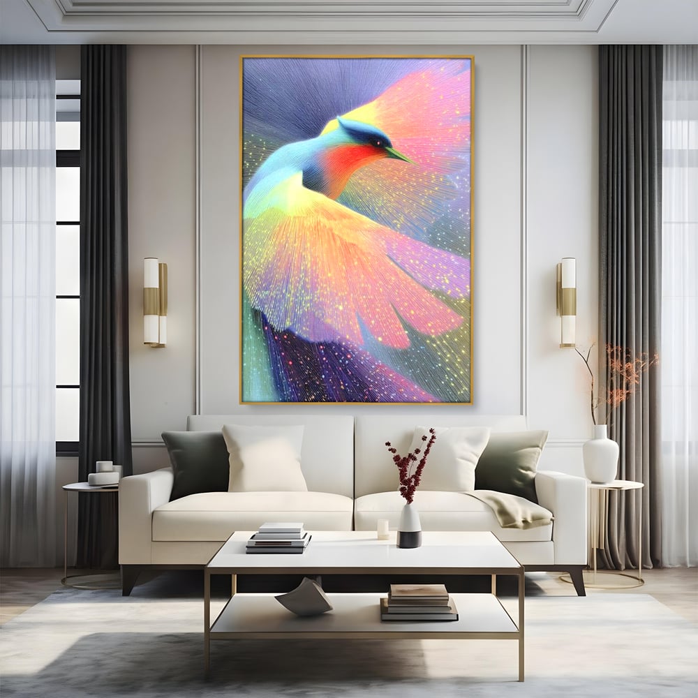 Tablou canvas cu tablou canvas cu pasare colorata in zbor, in rama de aluminiu auriu, pe perete intr-un living