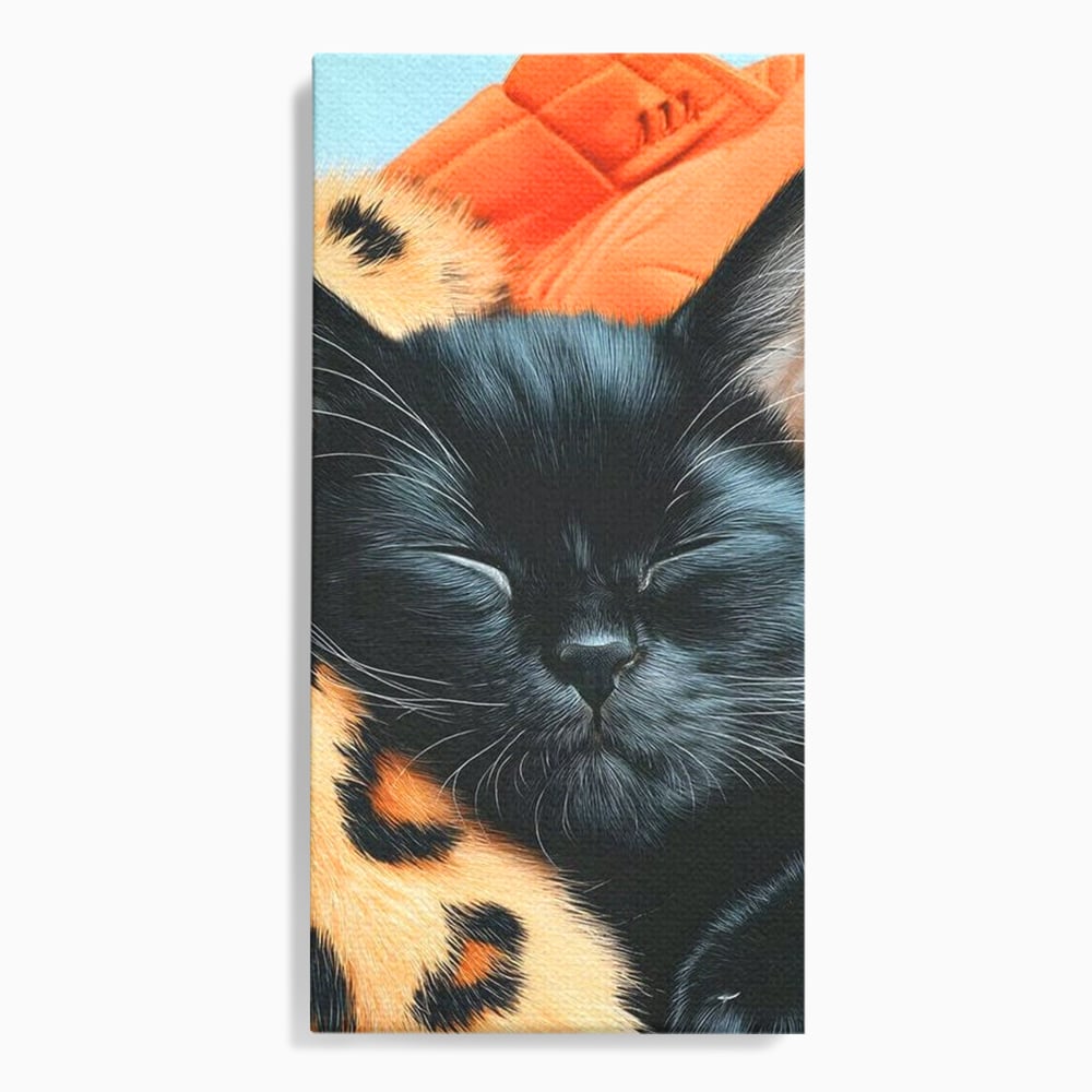 Tablou canvas cu tablou canvas cu pisica neagra dormind, fara rama, pe sasiu de lemn