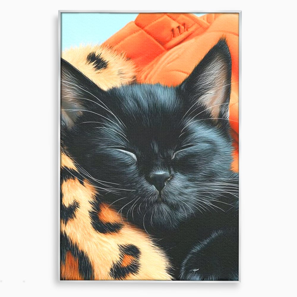 Tablou canvas cu tablou canvas cu pisica neagra dormind, in rama de aluminiu argintiu