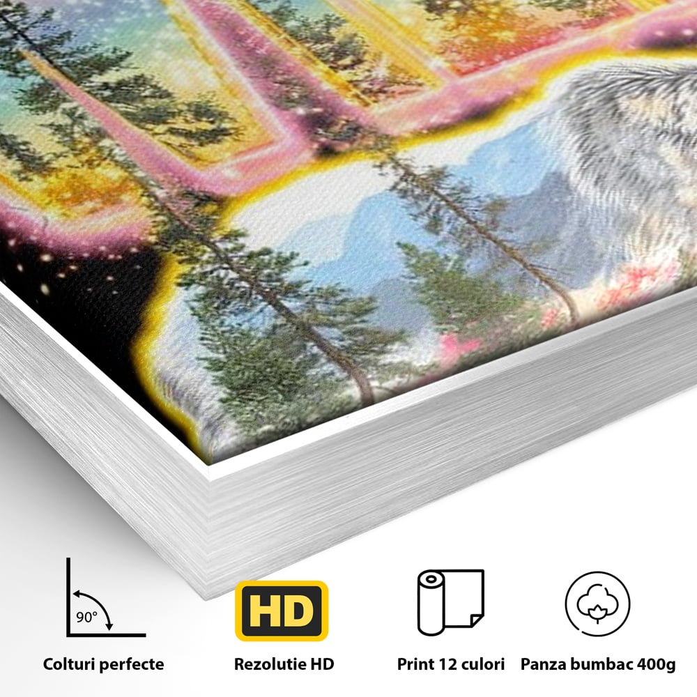 Detaliu al suprafetei: tablou canvas cu urs si peisaj, in rama de aluminiu argintiu