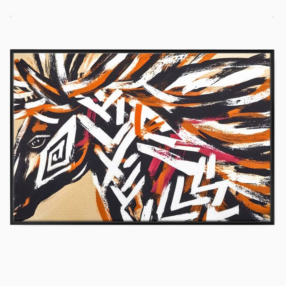Tablou canvas cu pictura cu cap de cal tribal, in rama de aluminiu negru