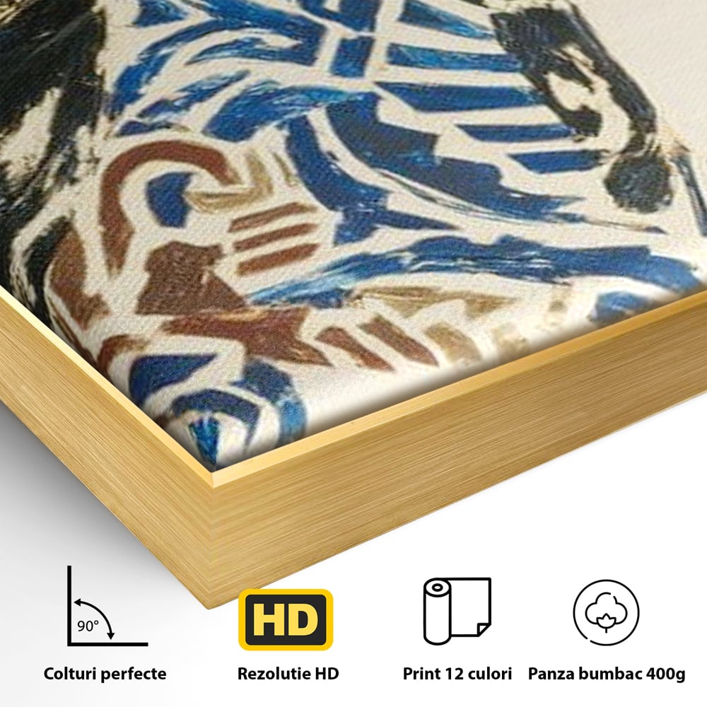 Detaliu al suprafetei: tablou canvas cu un cal in galop, in rama de aluminiu auriu
