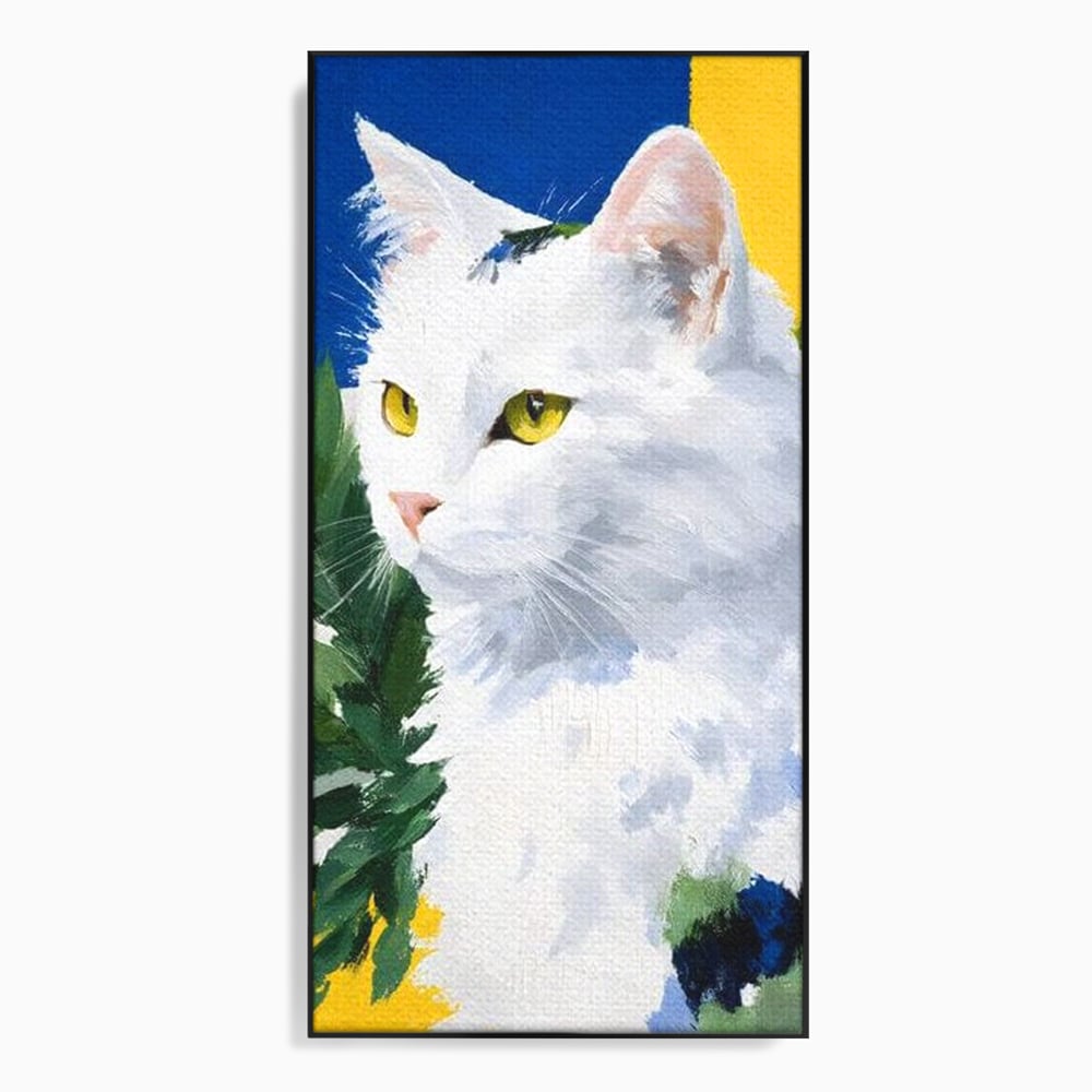 Tablou canvas cu tablou canvas cu pisica alba, in rama de aluminiu negru