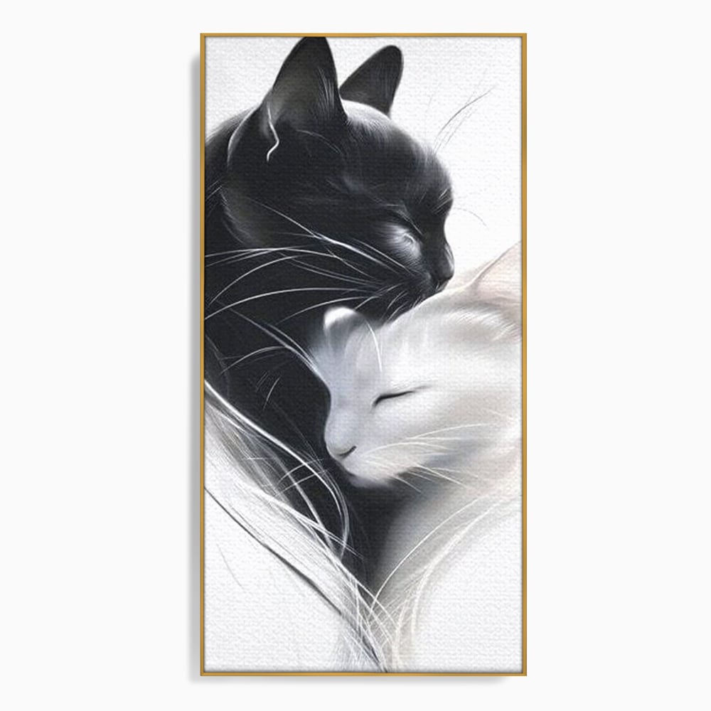 Tablou canvas cu tablou canvas cu pisici alb si negru, in rama de aluminiu auriu