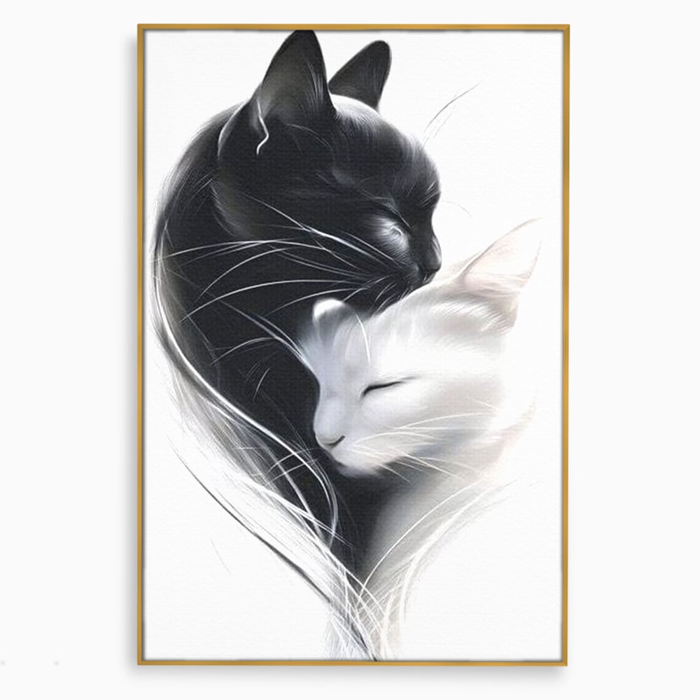 Tablou canvas cu tablou canvas cu pisici alb si negru, in rama de aluminiu auriu