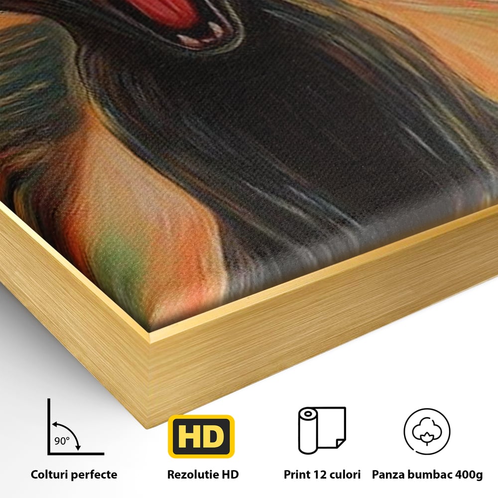 Detaliu al suprafetei: tablou canvas cu pisica neagra care urla, in rama de aluminiu auriu