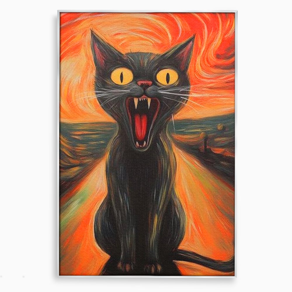 Tablou canvas cu tablou canvas cu pisica neagra care urla, in rama de aluminiu argintiu