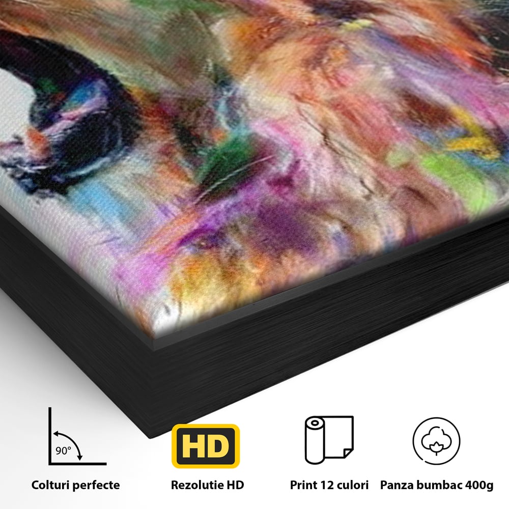 Detaliu al suprafetei: pictura digitala cu leu colorat, in rama de aluminiu negru