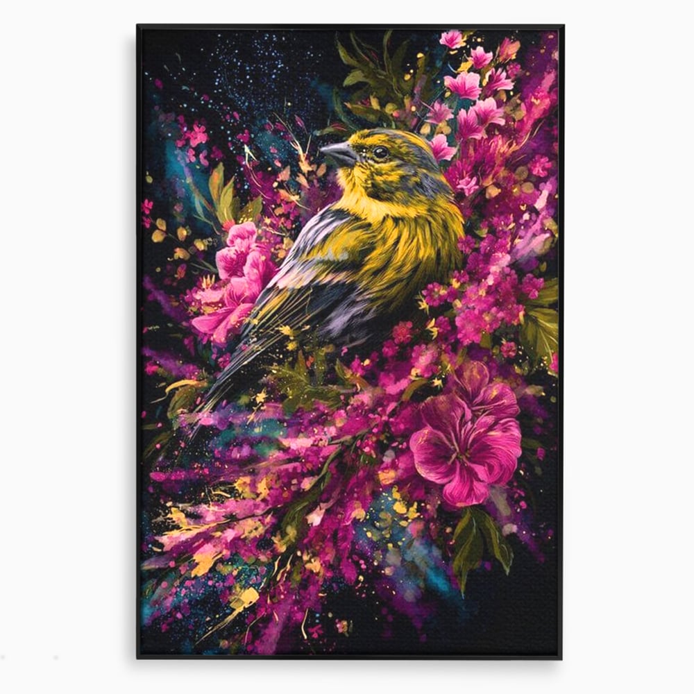 Tablou canvas cu tablou canvas cu pasare printre flori, in rama de aluminiu negru