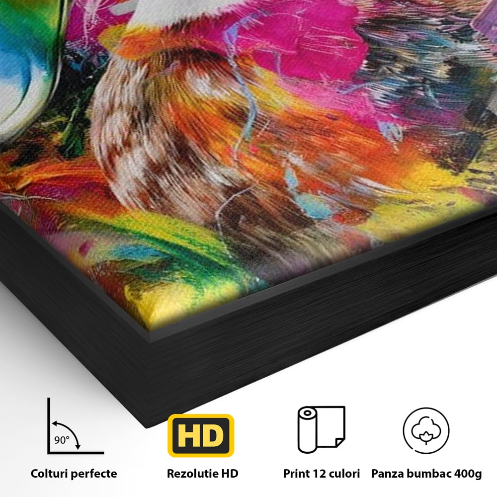 Detaliu al suprafetei: tablou canvas cu rata colorata, in rama de aluminiu negru