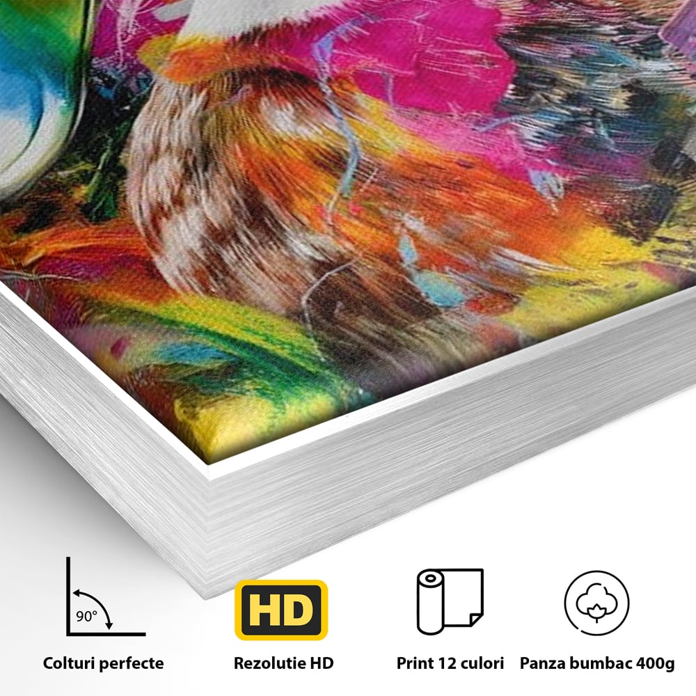 Detaliu al suprafetei: tablou canvas cu rata colorata, in rama de aluminiu argintiu