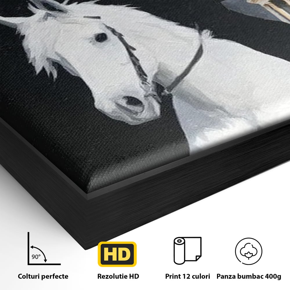 Detaliu al suprafetei: pictura cu doi cowboy si cladire oficiala, in rama de aluminiu negru