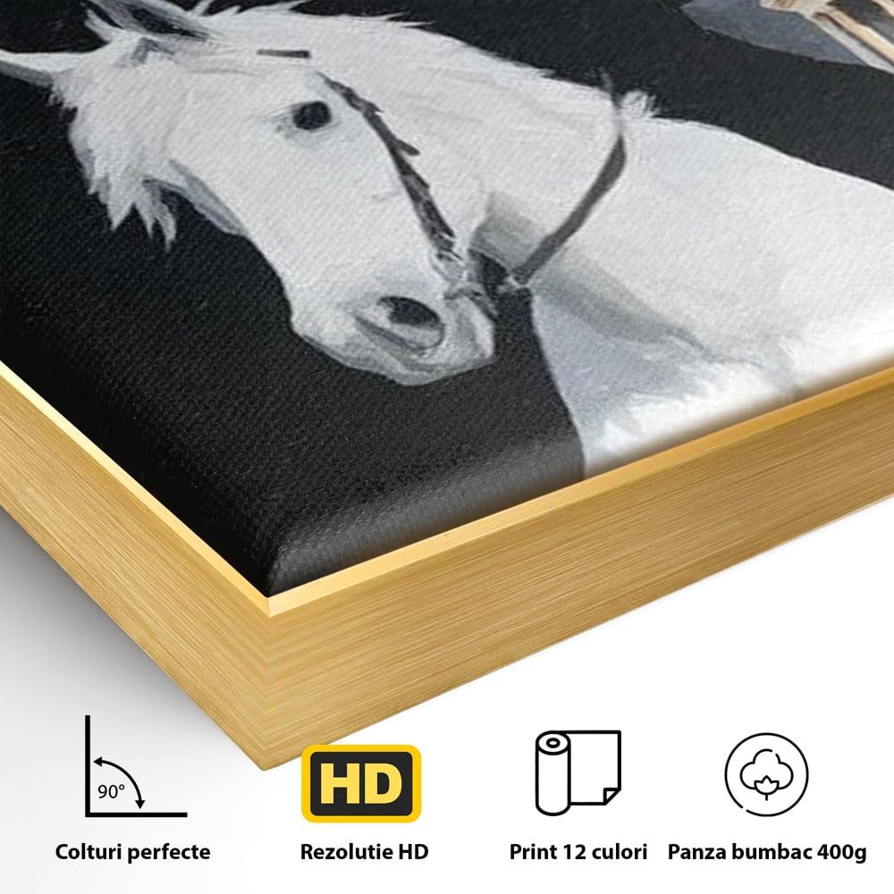 Detaliu al suprafetei: pictura cu doi cowboy si cladire oficiala, in rama de aluminiu auriu