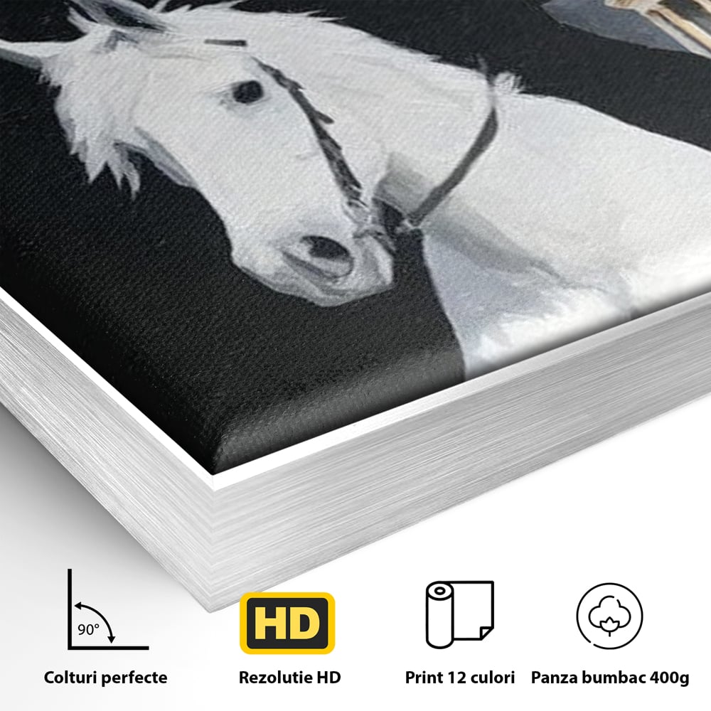 Detaliu al suprafetei: pictura cu doi cowboy si cladire oficiala, in rama de aluminiu argintiu