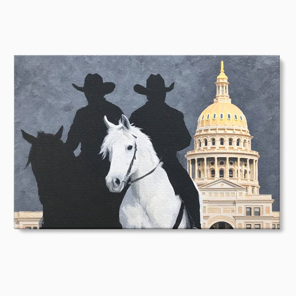 Tablou canvas cu pictura cu doi cowboy si cladire oficiala, fara rama, pe sasiu de lemn