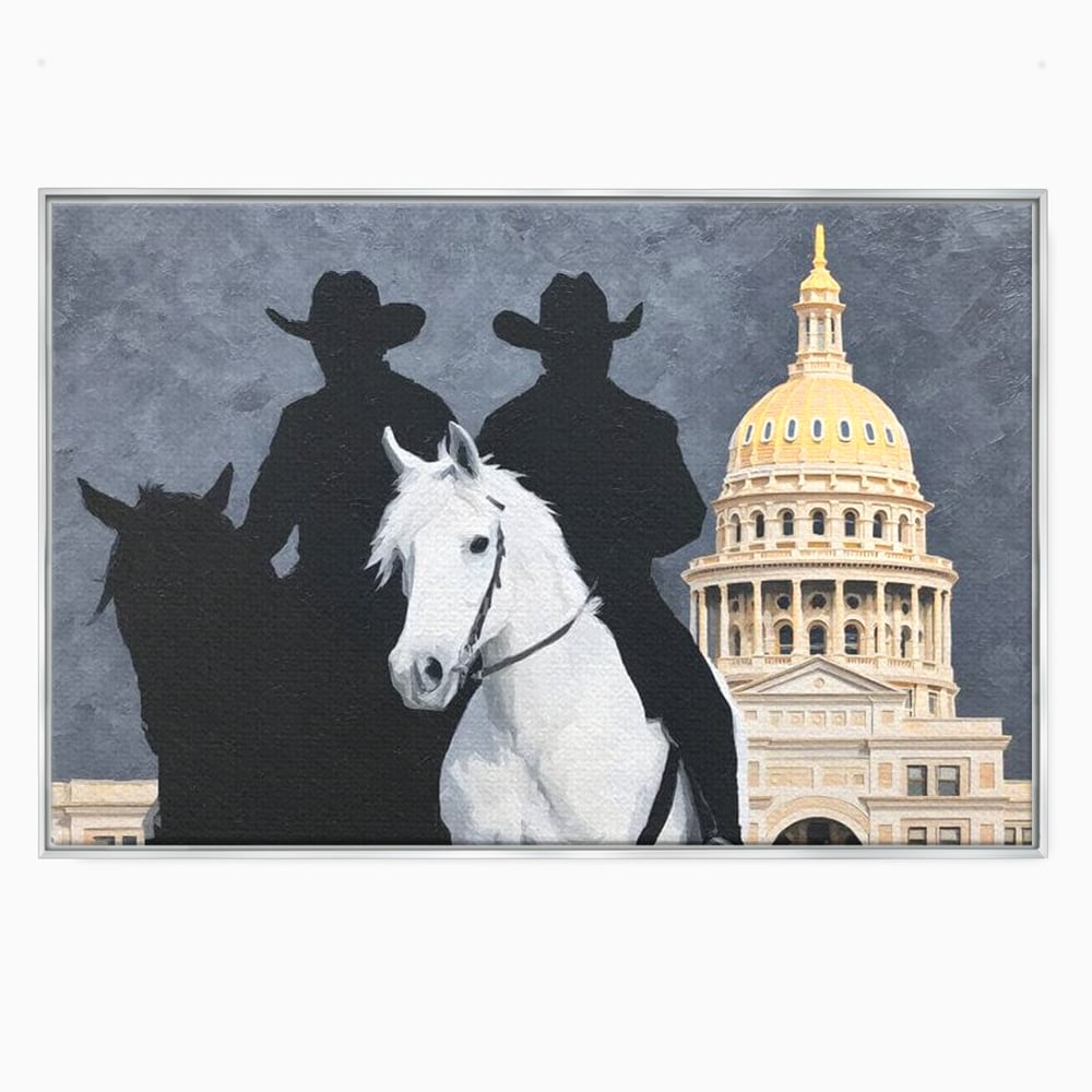 Tablou canvas cu pictura cu doi cowboy si cladire oficiala, in rama de aluminiu argintiu