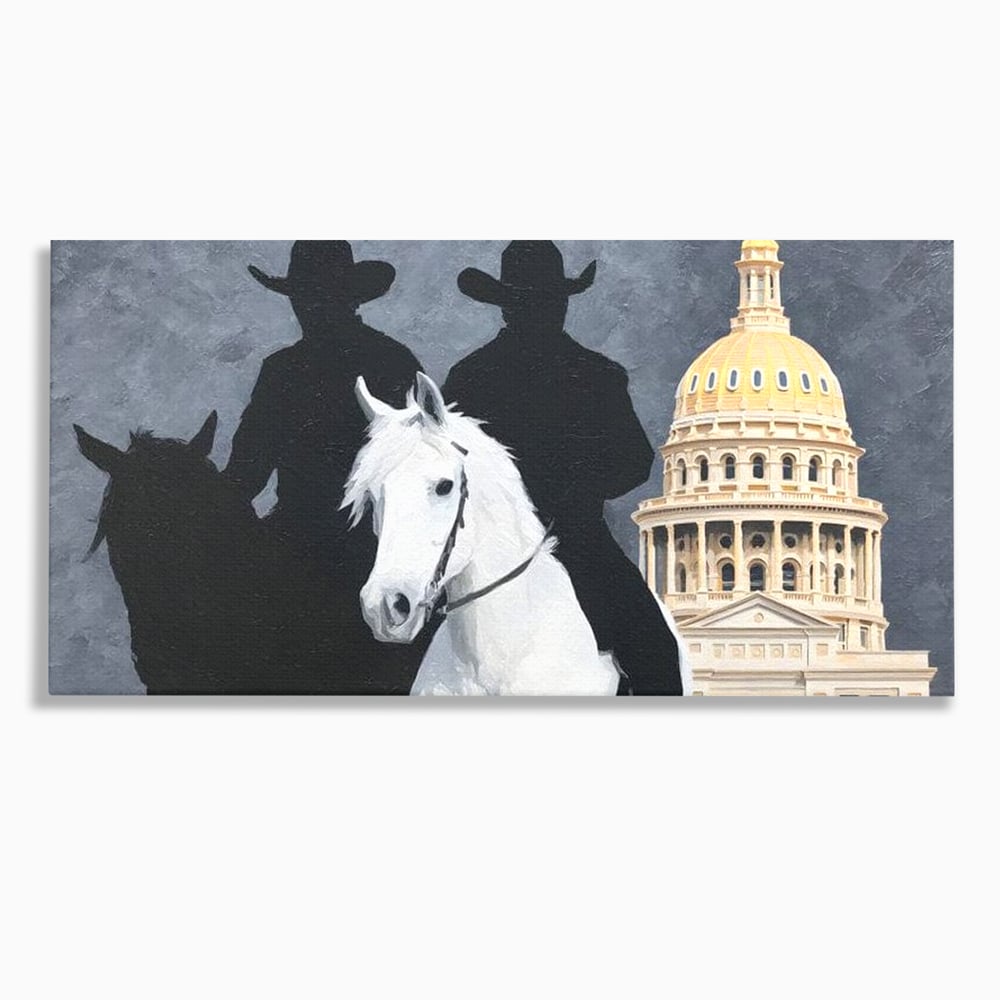 Tablou canvas cu pictura cu doi cowboy si cladire oficiala, fara rama, pe sasiu de lemn