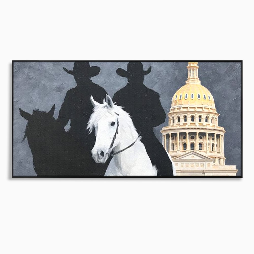 Tablou canvas cu pictura cu doi cowboy si cladire oficiala, in rama de aluminiu negru