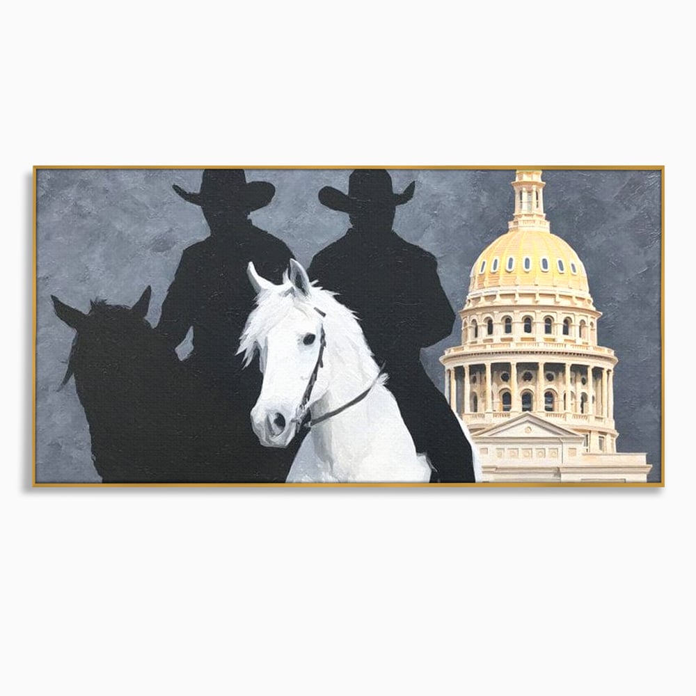 Tablou canvas cu pictura cu doi cowboy si cladire oficiala, in rama de aluminiu auriu