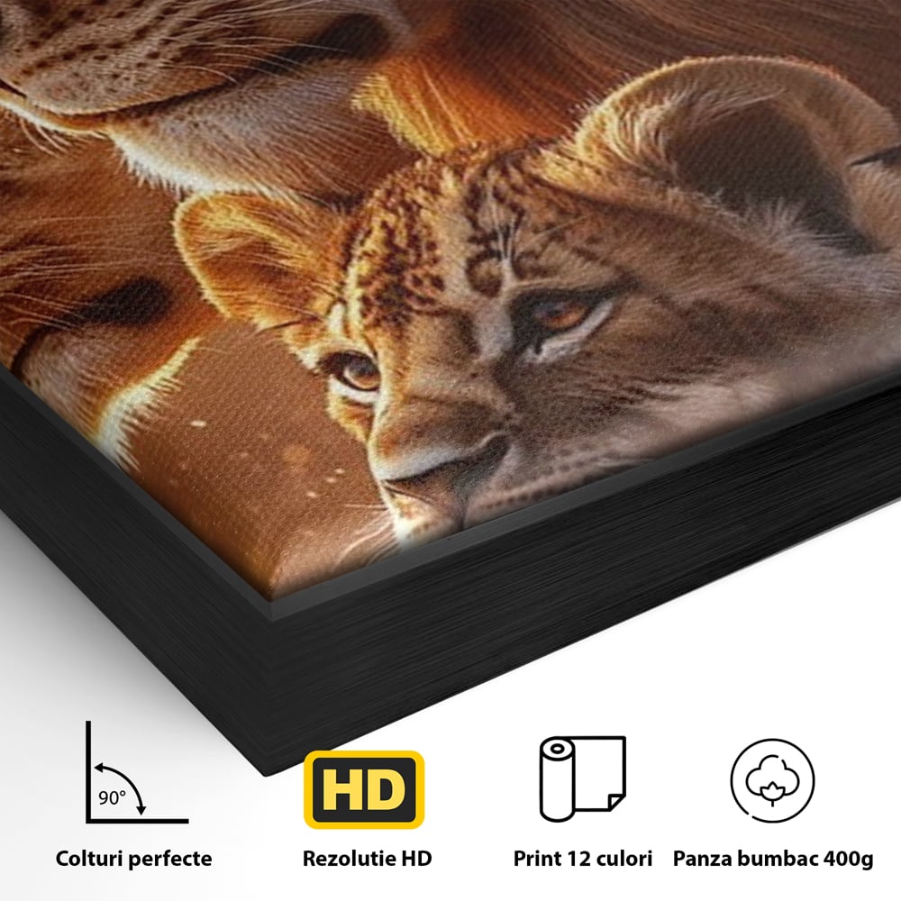 Detaliu al suprafetei: tablou canvas cu lei in amurg, in rama de aluminiu negru