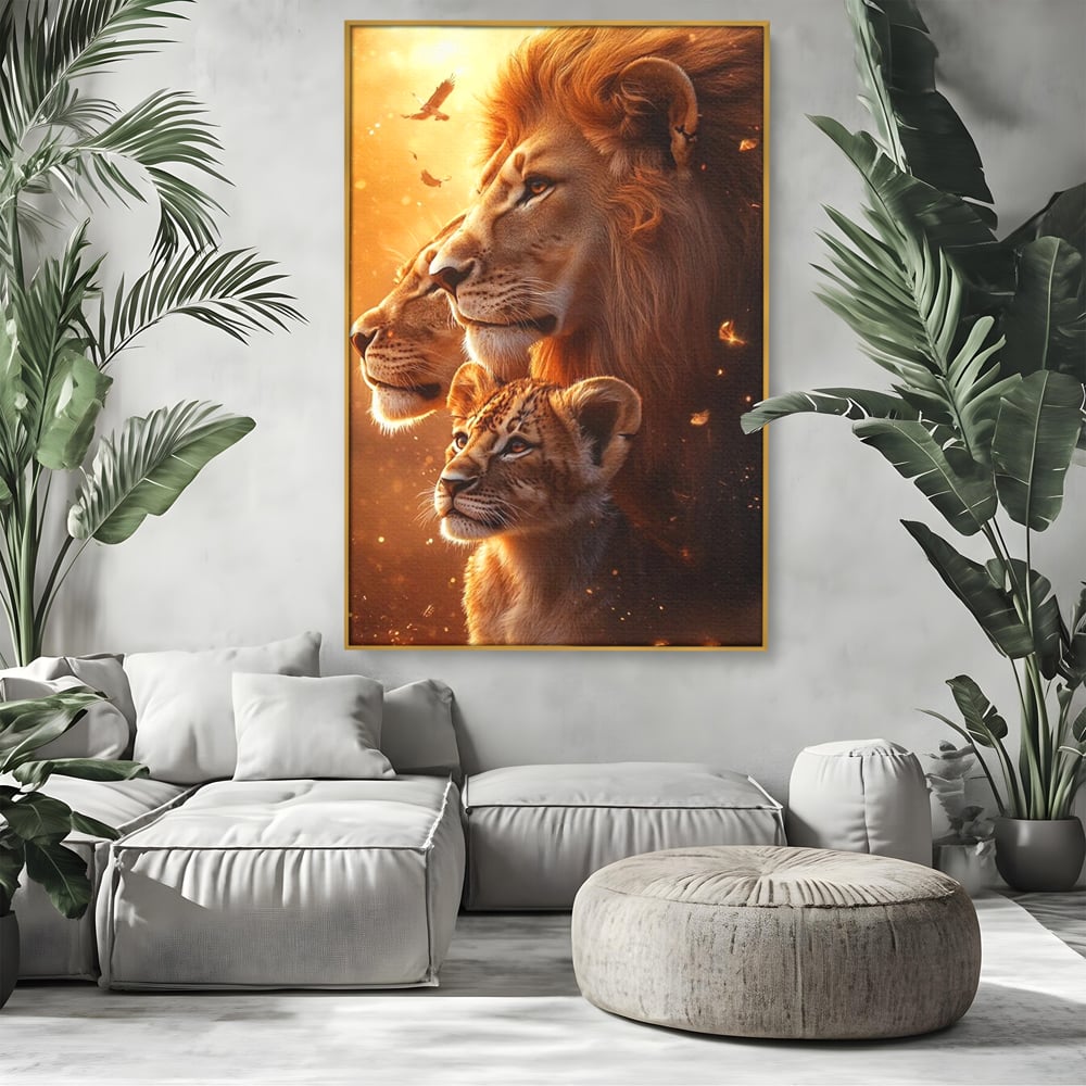 Tablou canvas cu tablou canvas cu lei in amurg, in rama de aluminiu auriu, pe perete intr-un living