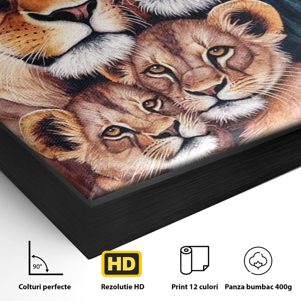 Detaliu al suprafetei: tablou canvas cu familie de lei, in rama de aluminiu negru