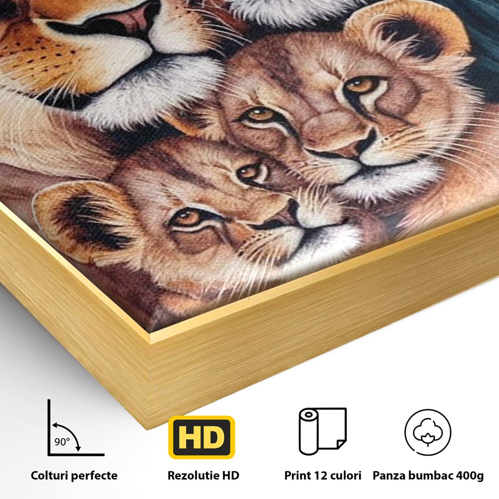 Detaliu al suprafetei: tablou canvas cu familie de lei, in rama de aluminiu auriu