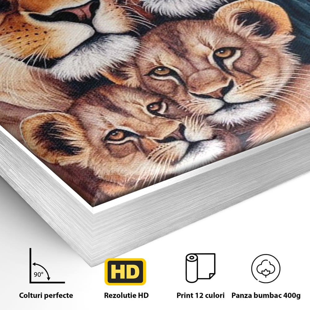 Detaliu al suprafetei: tablou canvas cu familie de lei, in rama de aluminiu argintiu