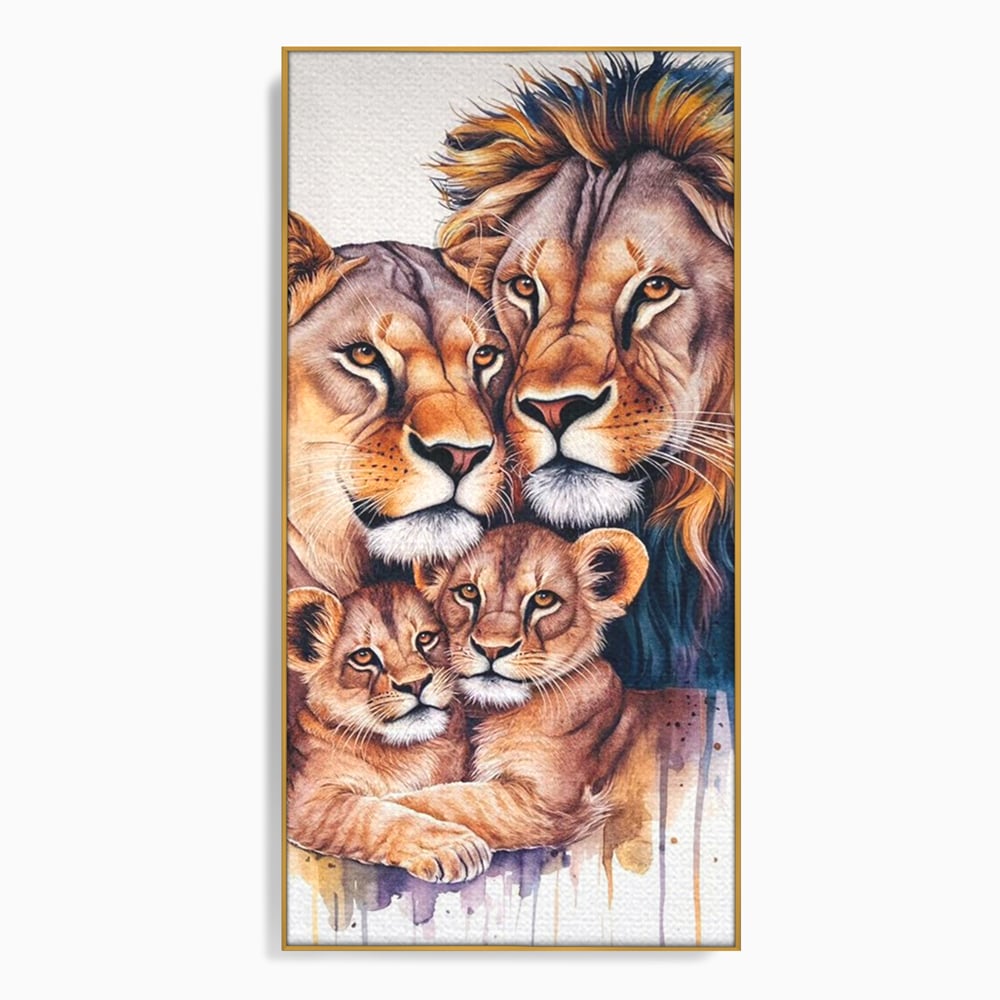 Tablou canvas cu tablou canvas cu familie de lei, in rama de aluminiu auriu