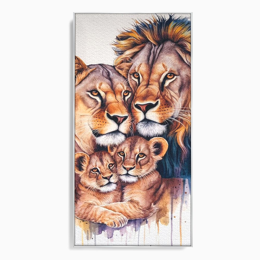 Tablou canvas cu tablou canvas cu familie de lei, in rama de aluminiu argintiu