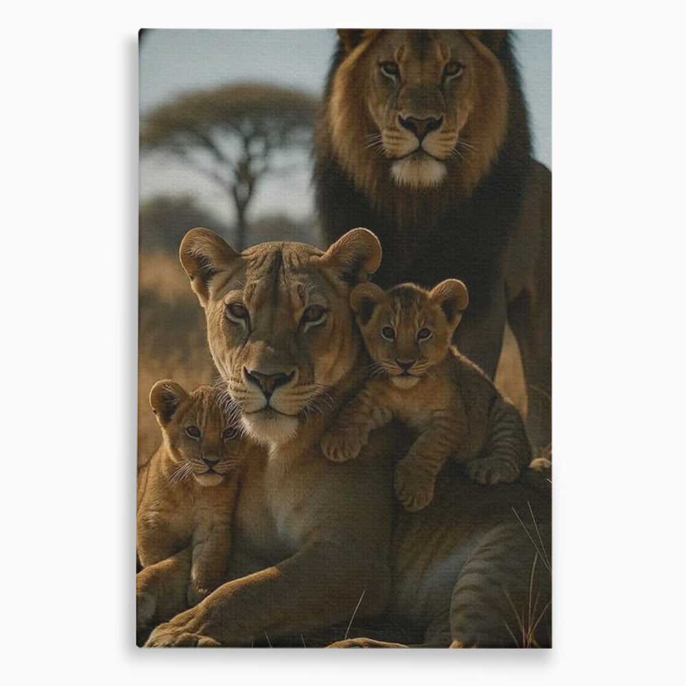 Tablou canvas cu tablou canvas cu familie de lei in savana, fara rama, pe sasiu de lemn