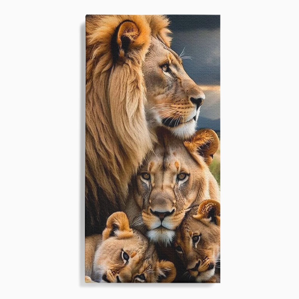 Tablou canvas cu tablou canvas cu o familie de lei, fara rama, pe sasiu de lemn