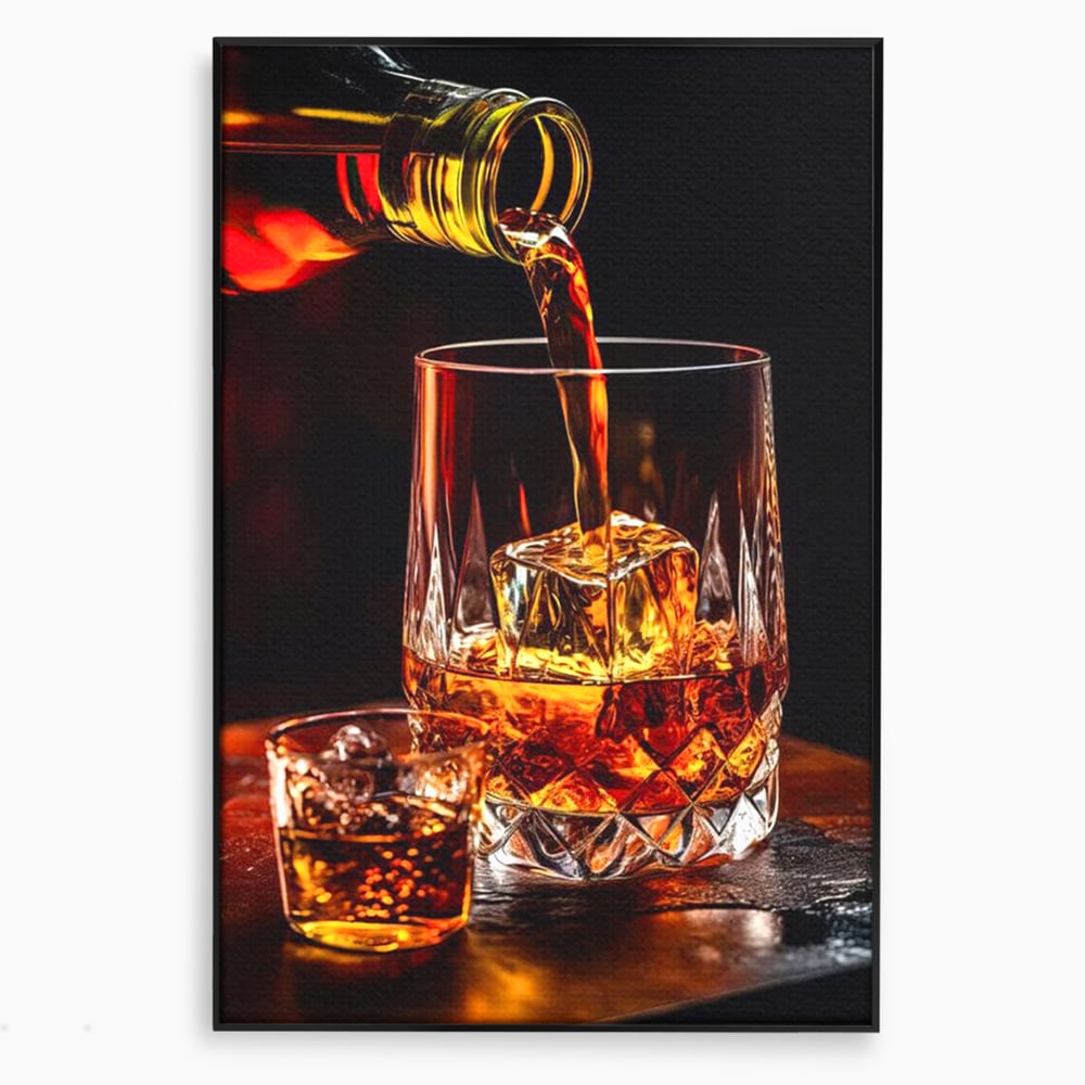 Tablou canvas cu tablou canvas cu turnare de whisky, in rama de aluminiu negru