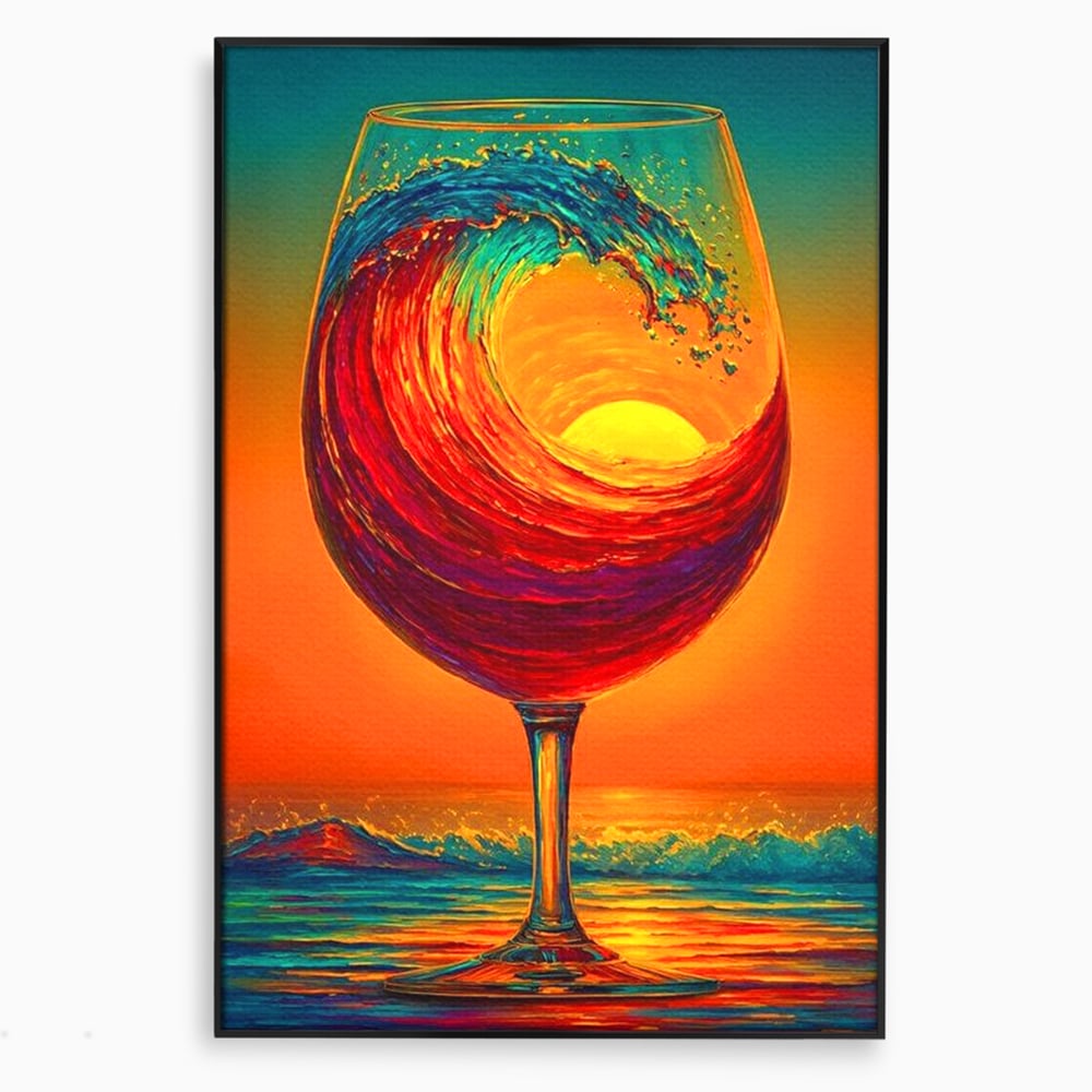 Tablou canvas cu tablou canvas cu pahar de vin si val, in rama de aluminiu negru