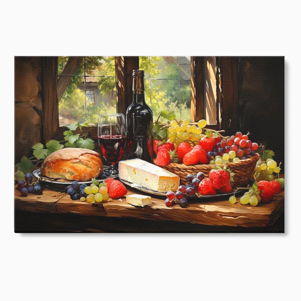 Tablou canvas cu natura moarta cu paine si vin, fara rama, pe sasiu de lemn