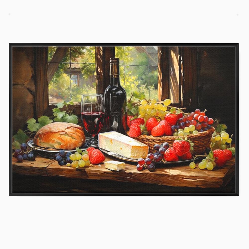 Tablou canvas cu natura moarta cu paine si vin, in rama de aluminiu negru