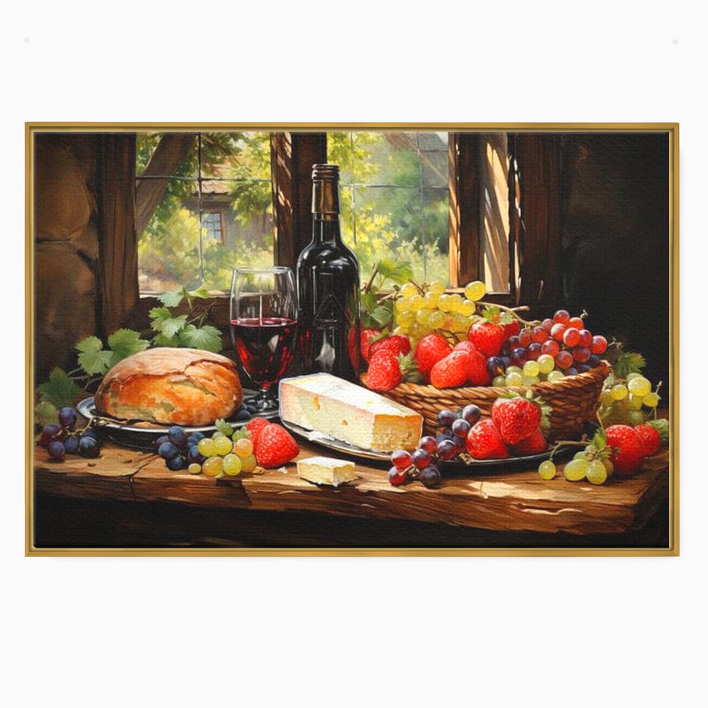 Tablou canvas cu natura moarta cu paine si vin, in rama de aluminiu auriu