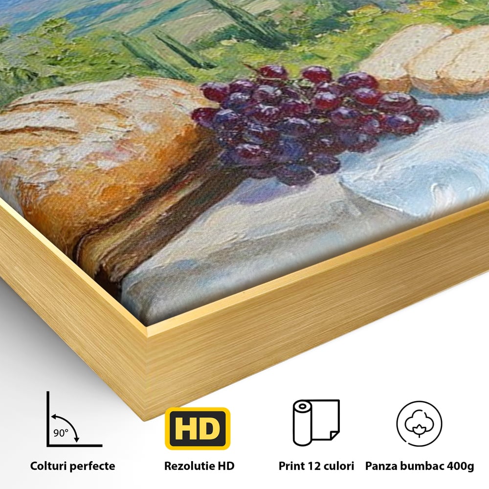 Detaliu al suprafetei: tablou canvas cu natura moarta si peisaj toscan, in rama de aluminiu auriu